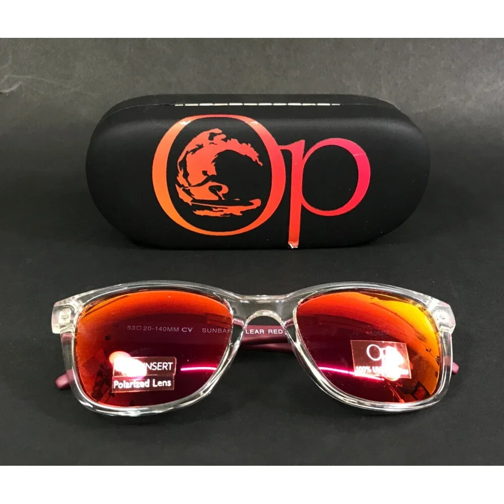 Ocean Pacific Sunglasses SUNBAKE Clear Red Square Frames w/ Mirror Orange Lenses